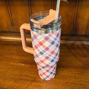 Plaid Insulated Tumbler with Straw - Red and Blue